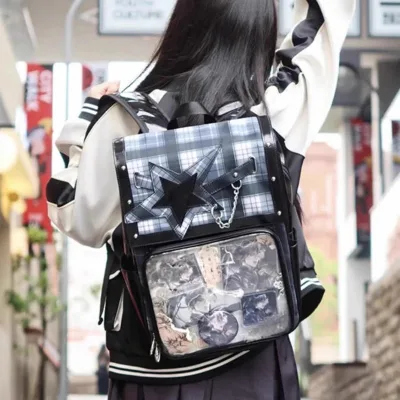 Premium Japanese Ita Bag Jk Uniform Style Plaid Backpack with Insert Clear Pvc Window for Anime Merch Collection Show