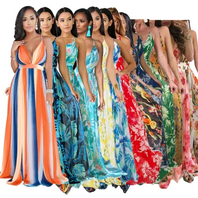 Summer Chiffon Floral Dress Casual Deep V Neck Mesh Print Maxi Dresses Women Elegant Long Dress