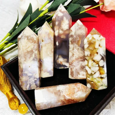 Wholesale High Quality Natural Cherry Blossom Pattern Pointed Flower Agate Crystal Towers for Home Decor Gifts