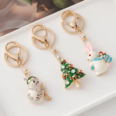 Cute Christmas Enamel Keychain, Drip Oil Rhinestone Snowman Christmas Tree Bunny Pendant Metal Keyring Backpack Hanging Ornament
