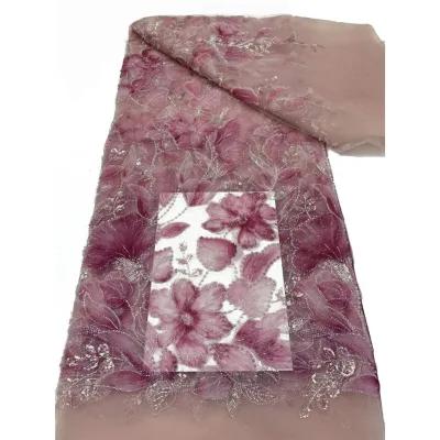 Beautifical 3D Floral Beaded Embroidered Knitted PA Coated Lightweight Lace Tulle Sequin Bridal Wedding Fabric 68x68