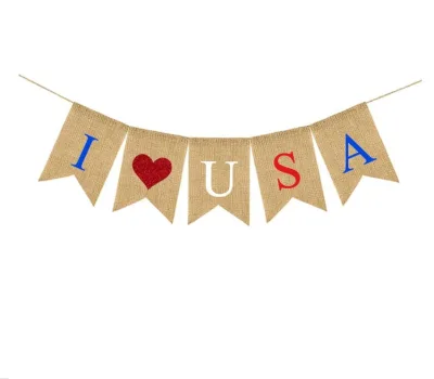 American Independence Day National Day Party Burlap Flag Banner Hanging Ornaments Decoration I Love USA Burlap Banner Garland