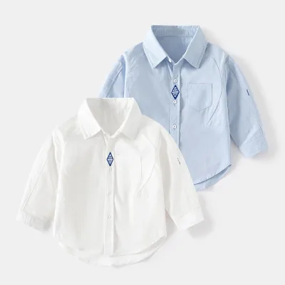 Boys' Pure Cotton Long Sleeve Shirt Fashionable White Top Trendy for Spring Autumn Kids Casual Style with Turn-down Collar