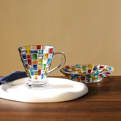 Manufacturer Fashion Glass Drinkware Colorful Hand-painted Eco-friendly Tea Glass Set New Design Glass Mug With Saucer Set