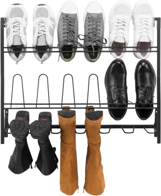 Customized Premium Quality Metal Black Iron Shoe Organizer Storage Rack Space-Saving Wall-Mounted Design With Double Tiers Sale