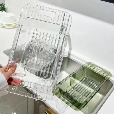 Light Luxury Eco-Friendly Kitchen Retractable Drainage Rack Stand Fruit Vegetable Storage Tray Drainage Basket Plastic Waste