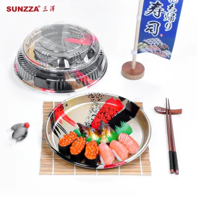 Sunzza Package Japanese Design Food Grade Supermarket Fresh Disposable Shallow Round 18pcs Packaging Sushi Plastic Tray Plate