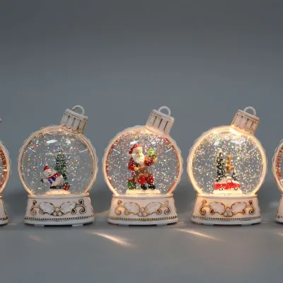 Elegant White Gold Trim Christmas Ornament Shaped Indoor Portable Snow Globe LED Lighted Lantern