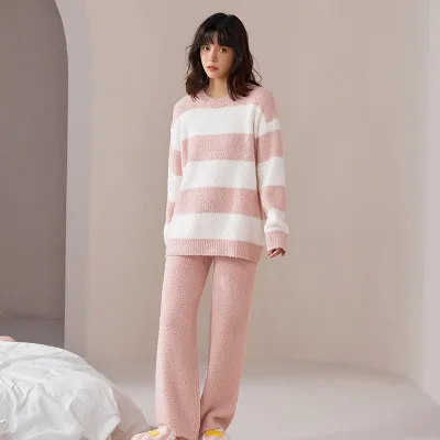 2023 New Arrival Custom Logo Thermal Pink Stripe Winter/Autumn/Spring Pyjamas Casual Loose Long Sleeve Knitted Loungewear Set
