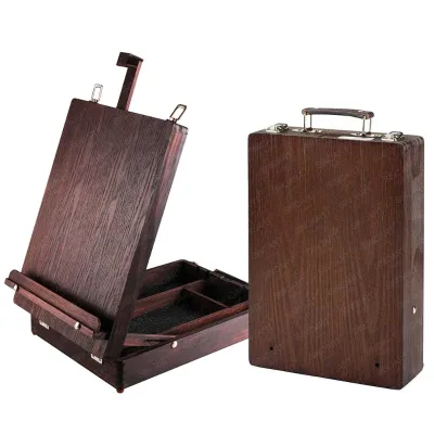 SINOART Brown Box Easel for Art Supplies Classical Painting Storage Box Adjust Wood Tabletop Easel for Drawing Student