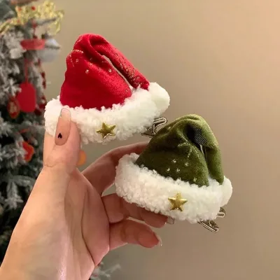 1PC Christmas Santa Hat Hair Clips Mini Red Green Festive Holiday Hair Accessories Girls Cute Polyester Barrettes