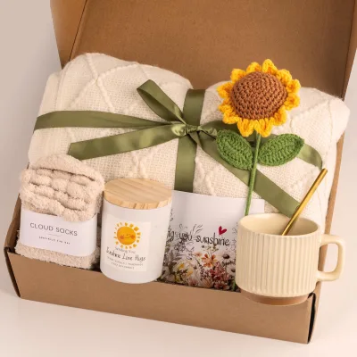 Sunflower Themed Gift Basket With Knit Throw Blanket Scented Candle Mug and Socks Complete Self Care Gift Box Set