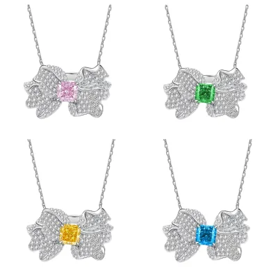 High Quality S925 Sterling Silver 6x6mm Colorful Butterfly Bow Pendant Dainty Clavicle Chain Necklace Set for Women