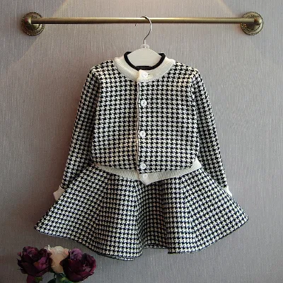 Hot New Chinese Girl Kids Cotton Knit Plaid Matching Two Piece Clothing SetsFor Online Store Shopping Clothes