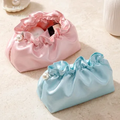 Factory-Direct Stock Soft-Sheen Satin Zipper Makeup Bag with Ruffled Pleats-Fashion Portable Cosmetics Storage