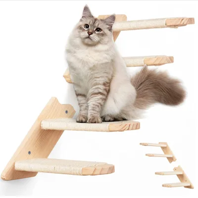 Wood Wall Mounted Five Step Cat Stairway Stairs Cat Climbing Shelf with Jute Scratching  for Cats Perch Platform Supplies