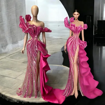 High-end Customization Hot Pink Prom Dresses with Crystals Sparkle Long Mermaid Party Dress Birthday Beauty Pageant Party Gown