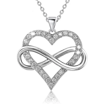 Sparkling Cubic Zirconia Infinity Heart Pendant Necklace Silver Stainless Steel Chain Jewelry Gift for Women
