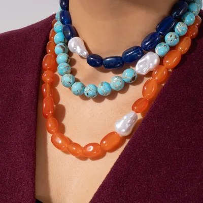 Trendy Handmade Autumn Sweater Chain Necklaces Multicolor Large Natural Stone Beads Pearl Necklaces for Women Stackable Jewelry