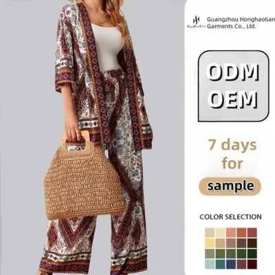 Custom Spring Summer Casual Women's Printed Half Sleeve Vintage Shirt and Wide Leg Pants Two Piece Set