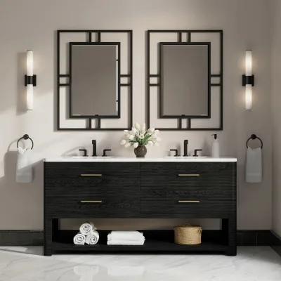 Modern Fluted Double Sink Bathroom Vanity with 4 Drawers & Pull Handles & Quartz Countertop & Lower Open Shelf & Framed Mirror