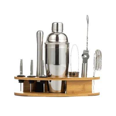 Travel Gift Barware Stainless Steel bar Tool Bartender Kit Bar Accessories Jigger Cocktail Shaker Set with Wooden Stand