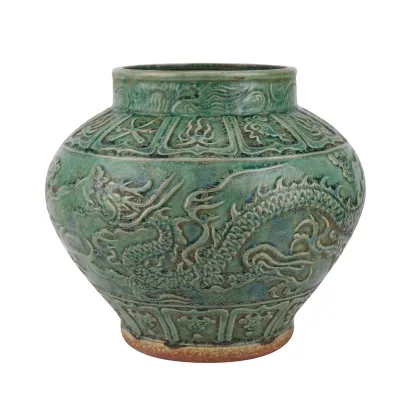 RZSP40 Antique Kiln Green Glazed Dragon Carved Big Ceramic Pot Flower Vase Pot