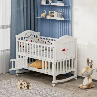 White Solid Wood Cradle Baby Cribs Baby Bed with Storage and Extendable Headboard Customized
