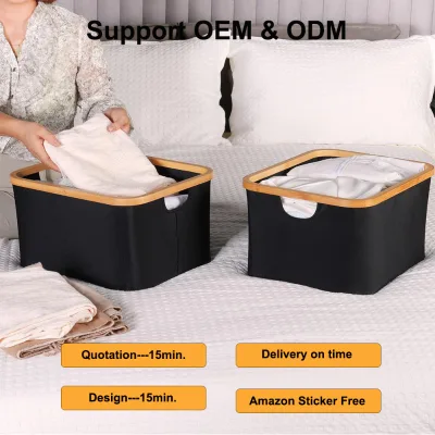 Eco-friendly Bamboo Storage Baskets Collapsible Fabric Storage Bins with Handles Foldable Shelf Organizer for Closet & Shelves