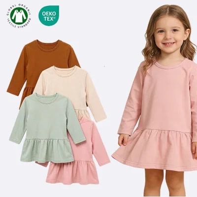 Wholesale Long Sleeve Frill Hem Organic Cotton 0-24M Baby Girl Dresses Comfortable Baby Dress
