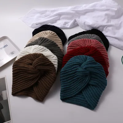 Western-style Cashmere-Look Crossover Indian Cotton Wool Knit Beanie Bohemian Headwrap Winter Monochrome Headscarf Cap