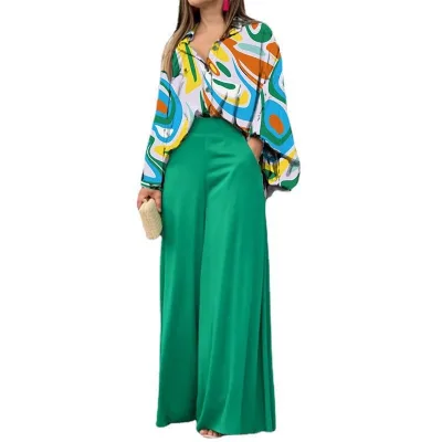 New 2022 Summer Women's Loose Large Size Casual Printed Shirt Top Wide Leg Pants Two Piece Set Suit Drop Shipping Hot Sell