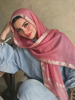 Thin Plain Modal Hijab Wide Stitch With Gold Trimmed Beads Solid Color, Versatile Shawl Long Scarf Plain Big Size Ethnic Hijab