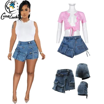 Fashion Summer Trendy Unique Sexy Washed Jean Shorts Multi-Pocket Ladies Irregular Stretch Denim Shorts for Women