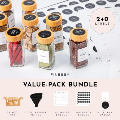 4oz Customized Labels Glass Spice Containers Shaker Inserts Glass Bottles Natural Bamboo Lids Included 24pcs/carton