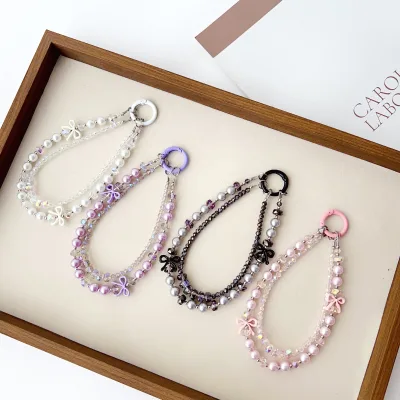 New Double Chain Crystal Bow Phone Chain Weaving Phone Rope Phone Pad Multi Functional Hanging Rope Anti Fall Phone Strap