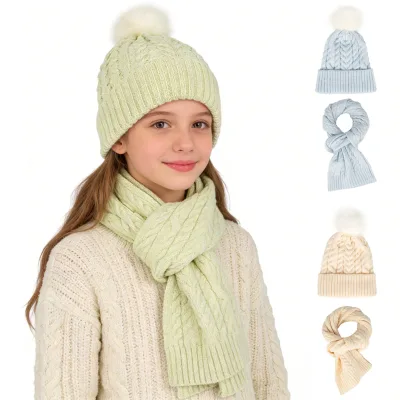 Winter Warm Jacquard Cable Knit Thermal Beanie and Scarf Set for Kids