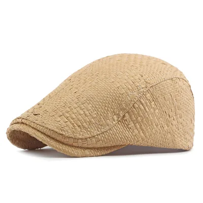 Straw Beret Newsboy Hats for Women Men Summer Breathable Flat Cap with Adjustable Strap Solid Plain Sun Hat