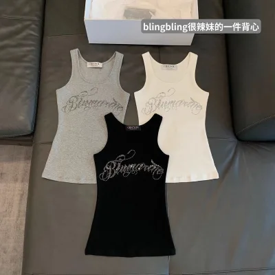 Women's Sleeveless Slim Fit Sexy Camis Vintage Style Base Top with Rhinestone Strap and Letter Print for Club Outfit