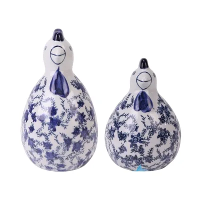 RZTO59-A-L-S Blue and White, Flower and Leaf Patterns Ceramic Sculpture of Chicken Animal Statue