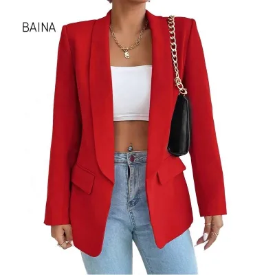 In Stock  Women's Red Joker Blazer Small Commuter Spring Autumn Jacket Solid Pattern Personal Style