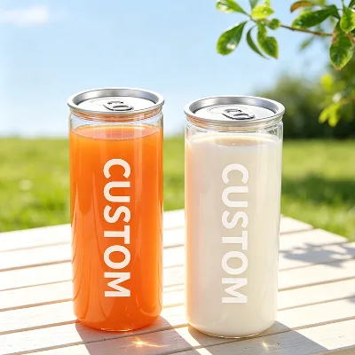 Hot Sale Empty Clear Thickened PET Cans for Soft Drinks, Desserts & Cold Beverages | Custom Cans with Full-Open Aluminum Lids.