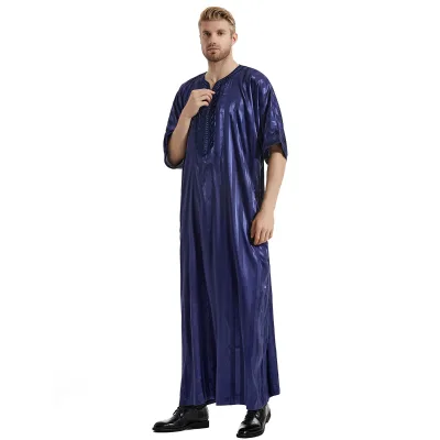 Summer Slik Luxurious Stand Collar Kaftan Modern Islamic Clothing Saudi Arabic Thobe for Muslim Men Short Sleeve Clothing