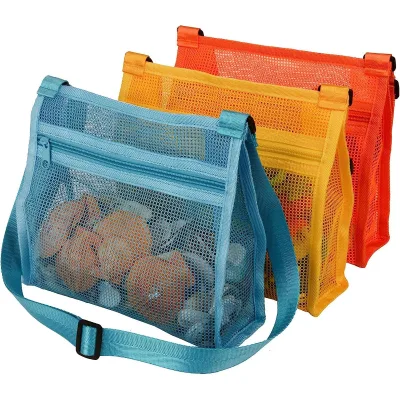 Custom Children Summer Travel Nylon Mesh Beach Shell Tote Bag Shell Collecting Bag with Zipper Pockets