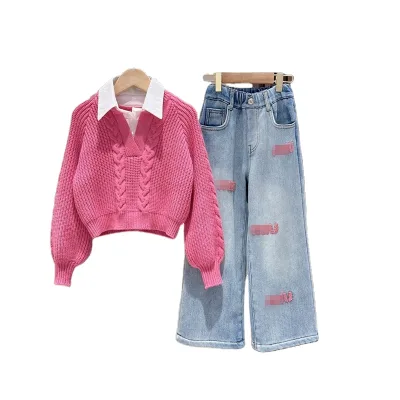 Spring Girl Clothes Set Kids Knitted Sweater Loose Jeans Two Piece Clothing Sets