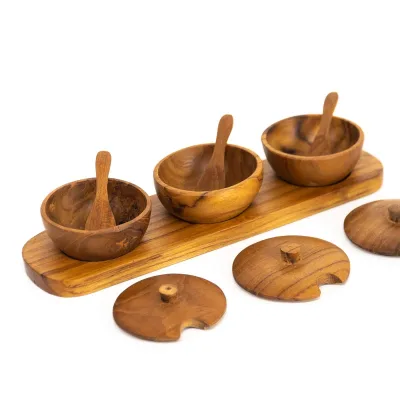 Tiny Wooden Spice Bowl with Lid Teak Wood Condiment Server Wooden Spice Box