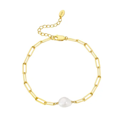 S925 Sterling Silver 14K 18K Gold Plated Edison Baroque Pearl Paperclip Chunky Link Chain Bracelet Cultured Pearl 4A Vintage