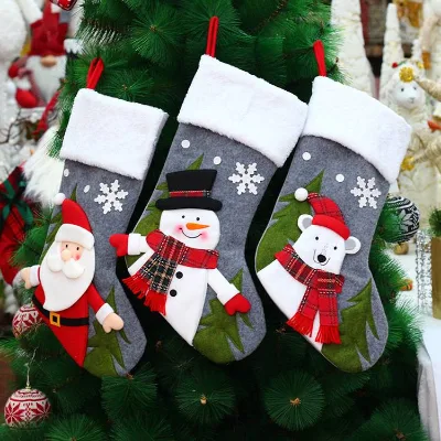 Wholesale Santa Snowman Christmas Ornament Gray Custom Christmas Stocking Pouch Christmas Stocking for Embroidery