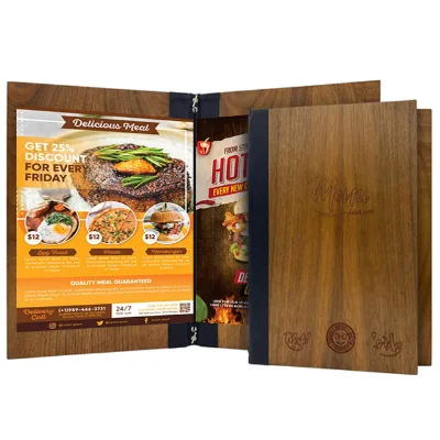 High Quality Durable Wood Board Menu Booklet Wooden Flip Menu with Elastic Band Restaurant Menu Cover Wood