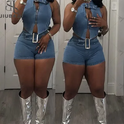 Stretch Denim 2 Piece Set Woman Shorts Set Halter Backless Zipper Crop Top and Shorts Matching Sets